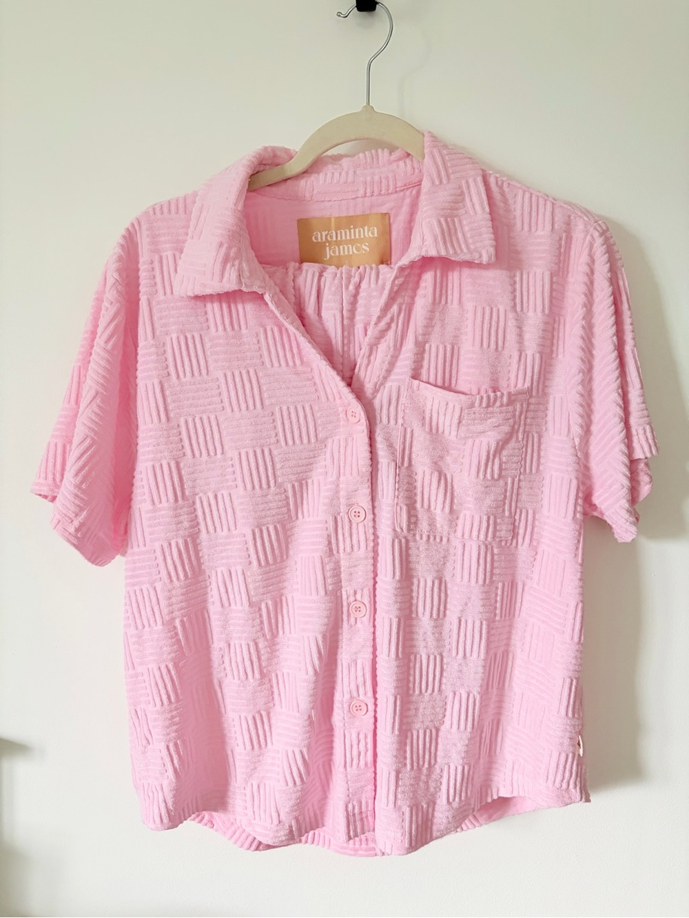 Araminta James Pink Textured Jacquard Lounge Set | Shirt & Shorts | Size S